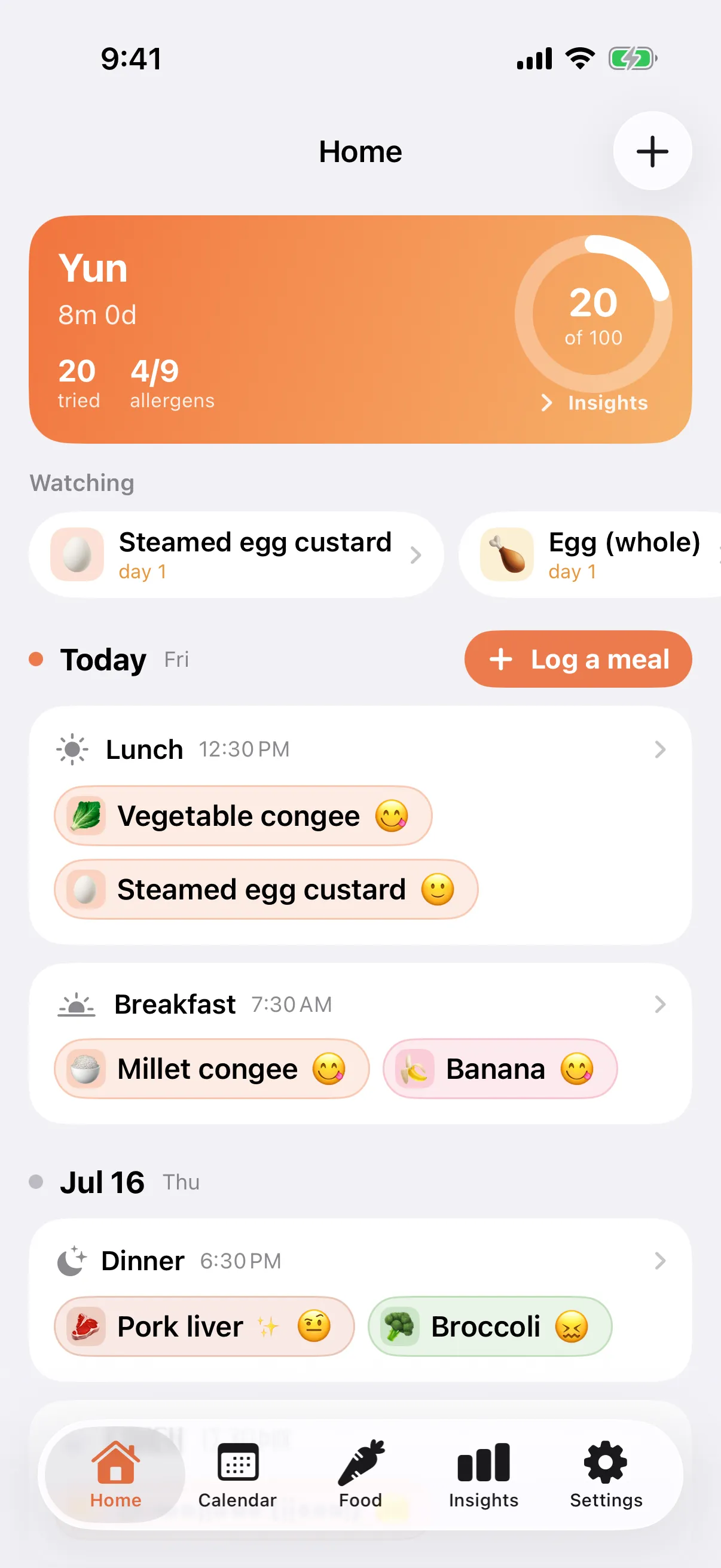 LittleSpoon home screen showing the day’s log.