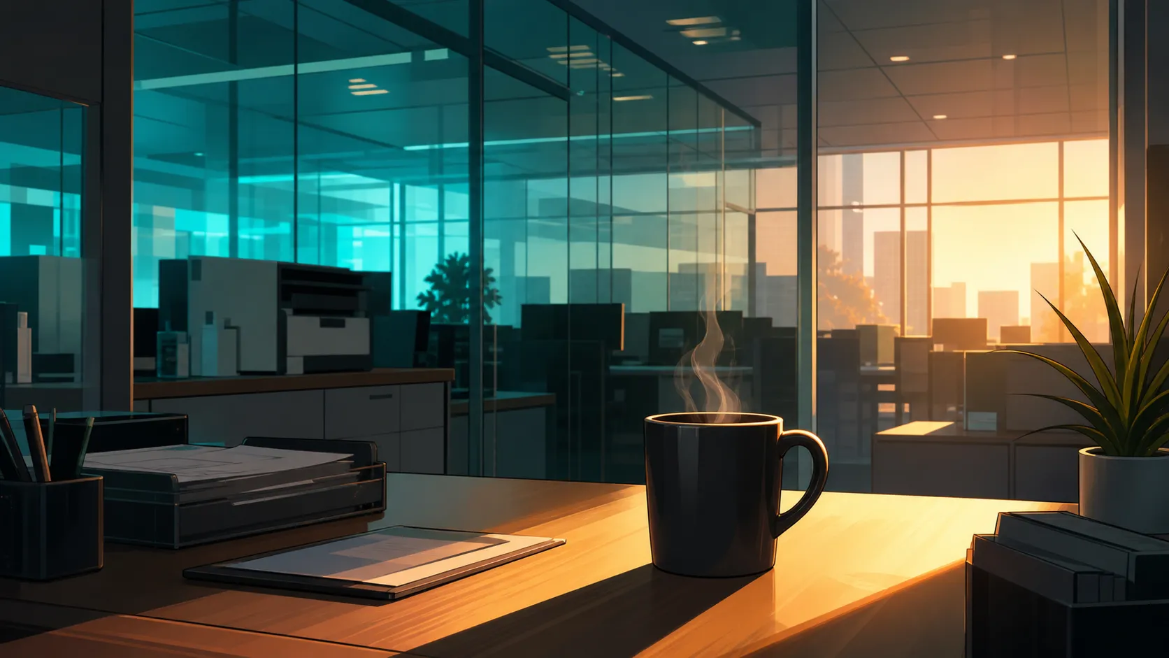 Concept artwork from One of Them Is Lying: an empty office at dusk, one desk lit.